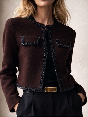 ZARA Beaded Wool Cardigan Jacket Brown Burgandy Embellished Trim Size Medium